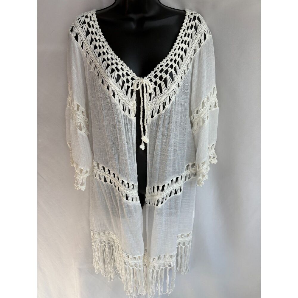 White Crochet Kimono Swim Cover Robe One Size Boho Feminine Bohemian Fringe